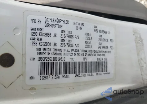 2001 Dodge Caravan Se из США, поврежденный, VIN 1B8GP25G11B110018